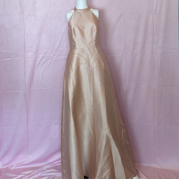 Alfred Sung Sateen Twill Halter Neckline Bridesmaid Dress in Toasted Sugar - Picture 1 of 10